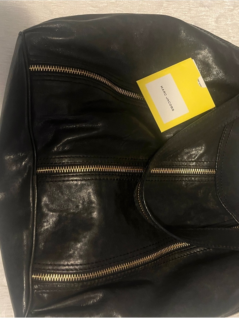 Marc Jacobs Black Leather Tote with Gold Zipper Accents